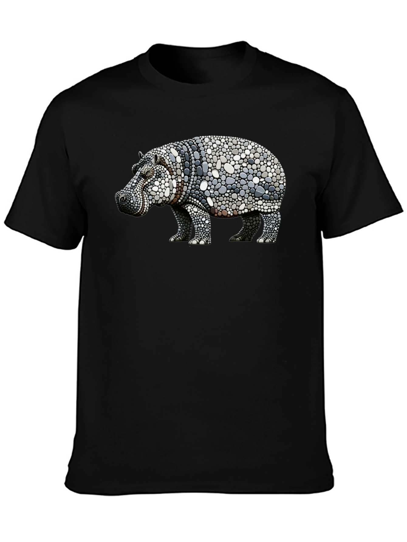 Black Hippo Pebble Art Graphic Tee - Black Cotton Shirt view 3