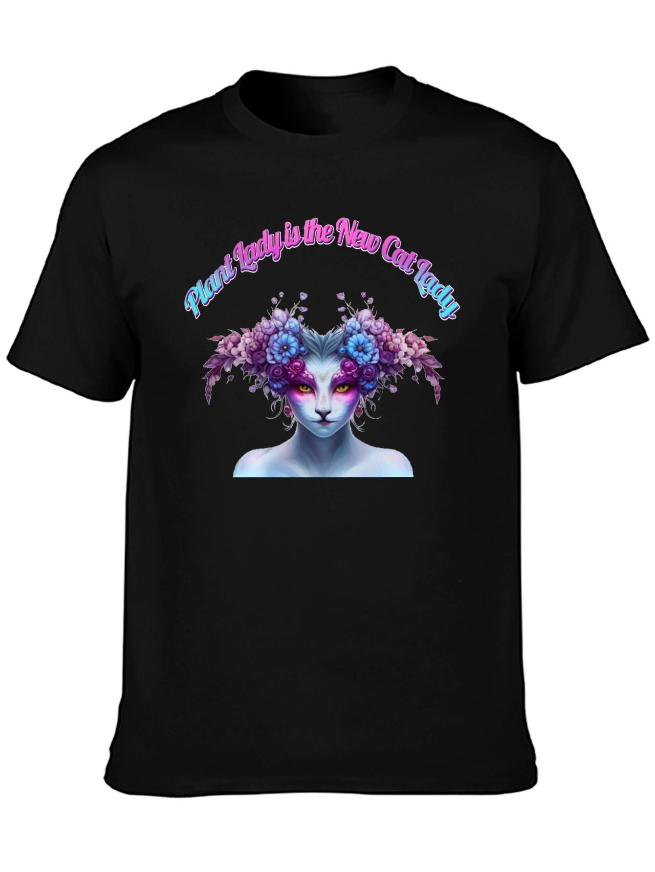 Black Plant Lady Cat T-Shirt - Unique Floral Design view 3