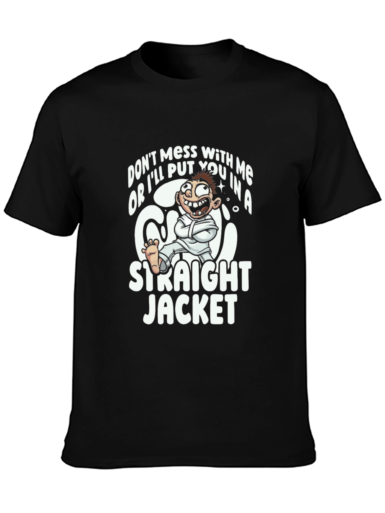 Black Funny Straight Jacket Cartoon Graphic T-Shirt view 3
