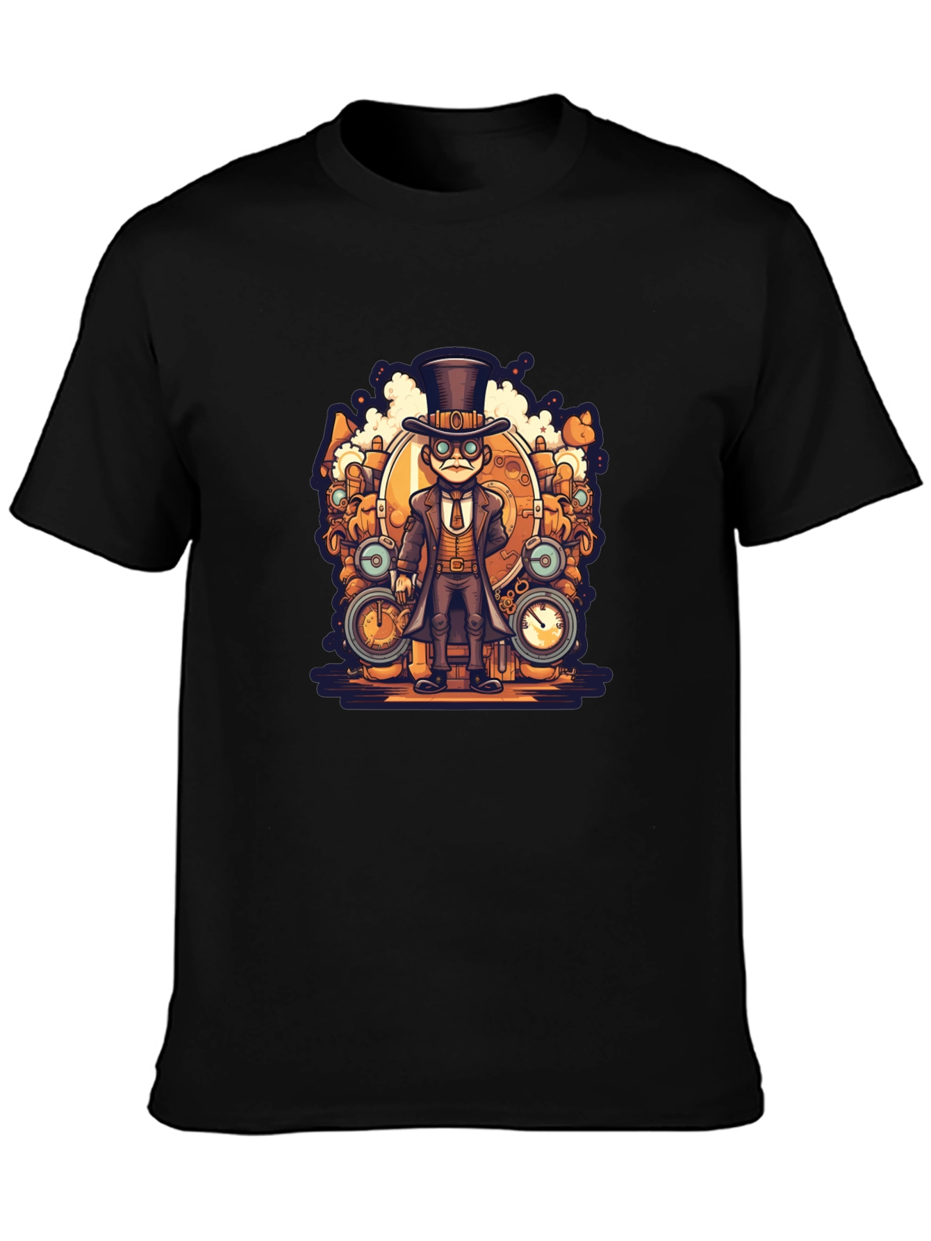 Black Steampunk Cartoon Black T-Shirt view 3