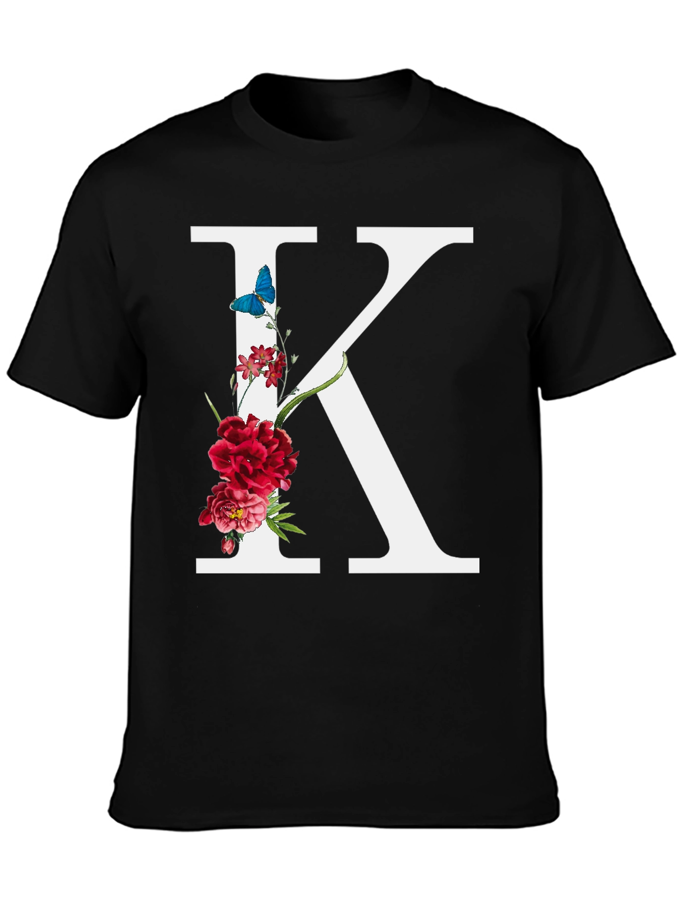 Black Floral Letter K Black T-Shirt view 3