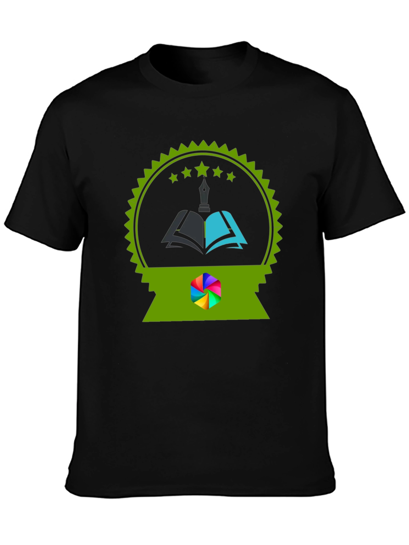 Black Stylish Black Tee with Unique Book & Quill Graphic view 3