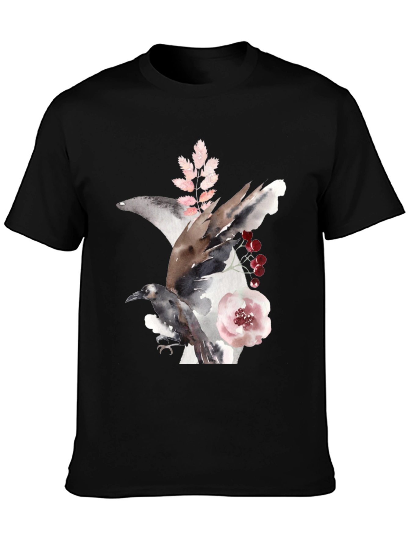 Black Raven & Floral Watercolor Tee view 3