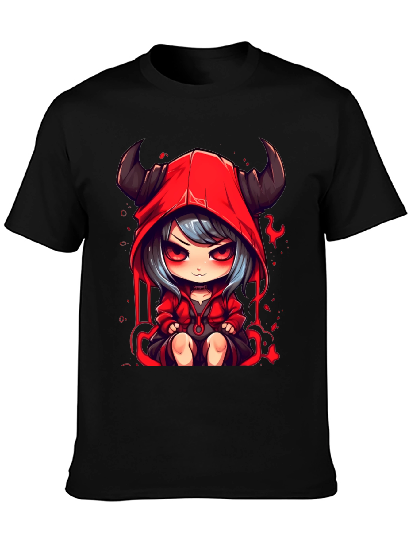 Black Anime Devil Girl Graphic Tee - Black Cotton T-Shirt view 3