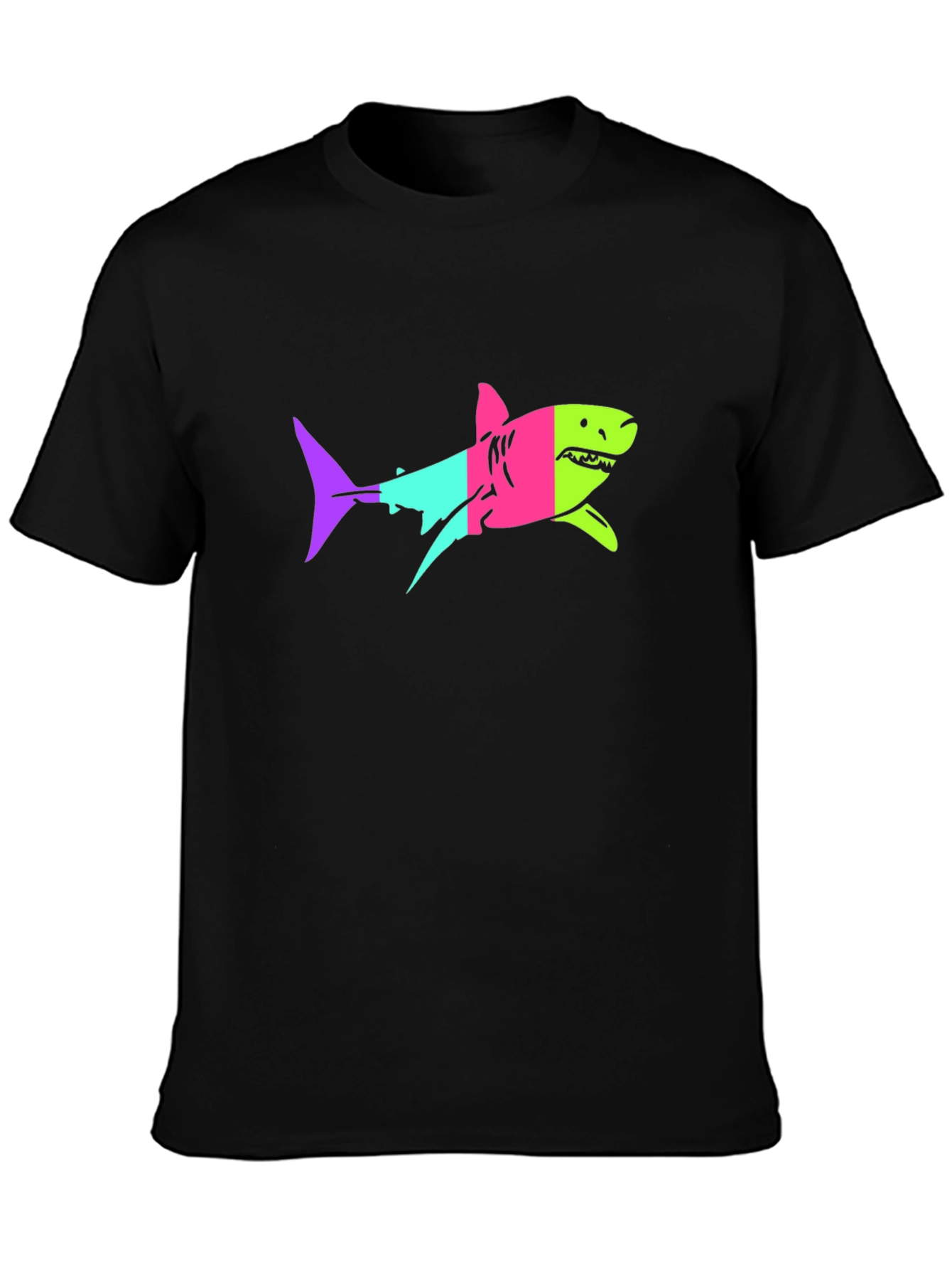 Black Neon Shark Graphic Print Black T-Shirt view 3