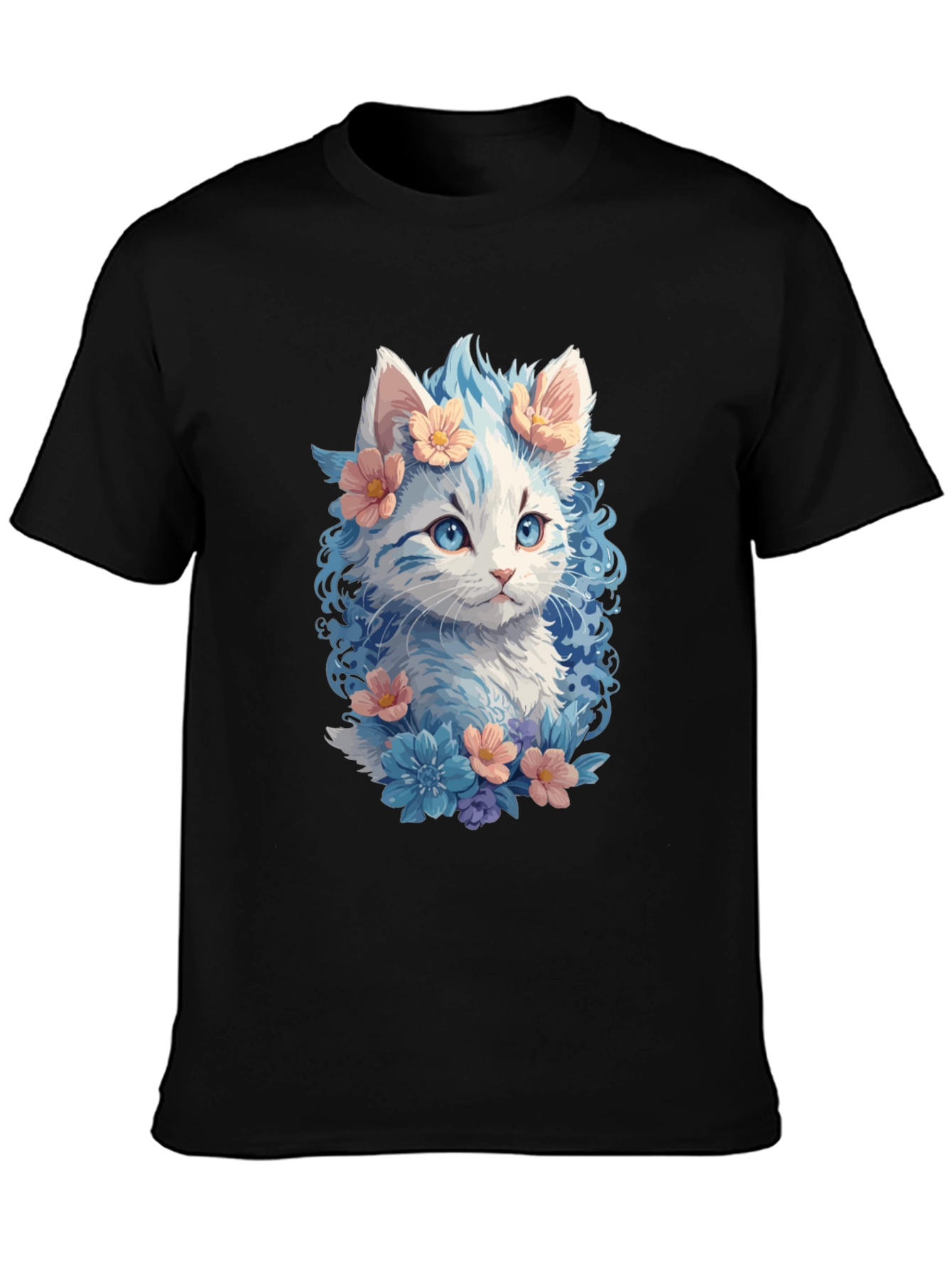 Black Floral Cat Graphic Tee - Unique Kitten Design view 3