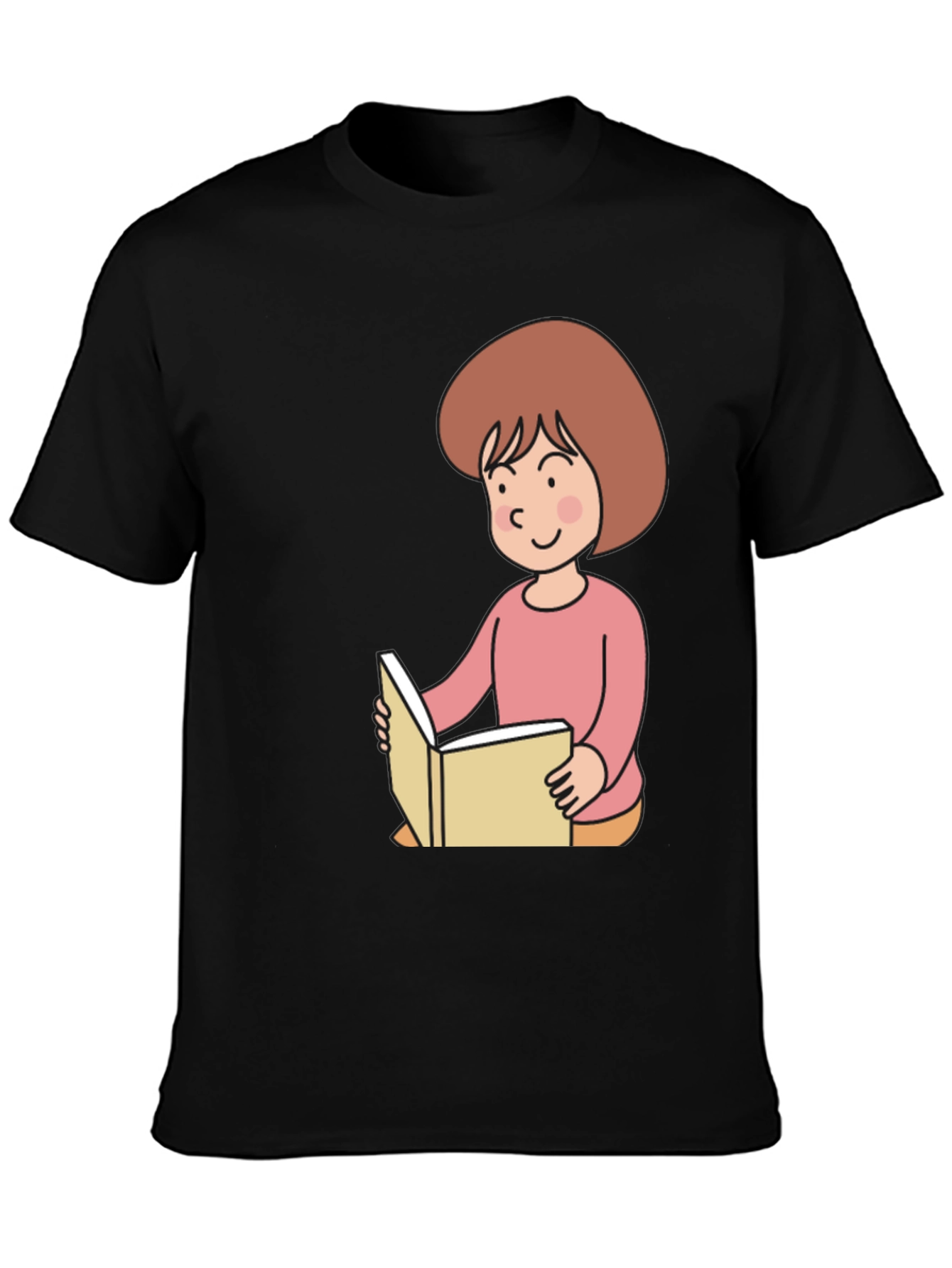 Black Reading Girl Black T-Shirt - Cute Cartoon Design view 3