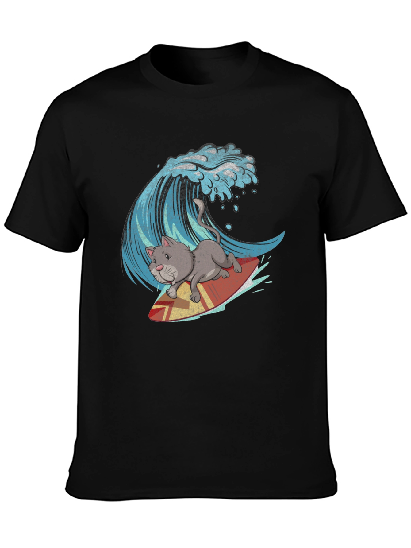 Black Cat Surfing Wave Graphic Tee - Black view 3