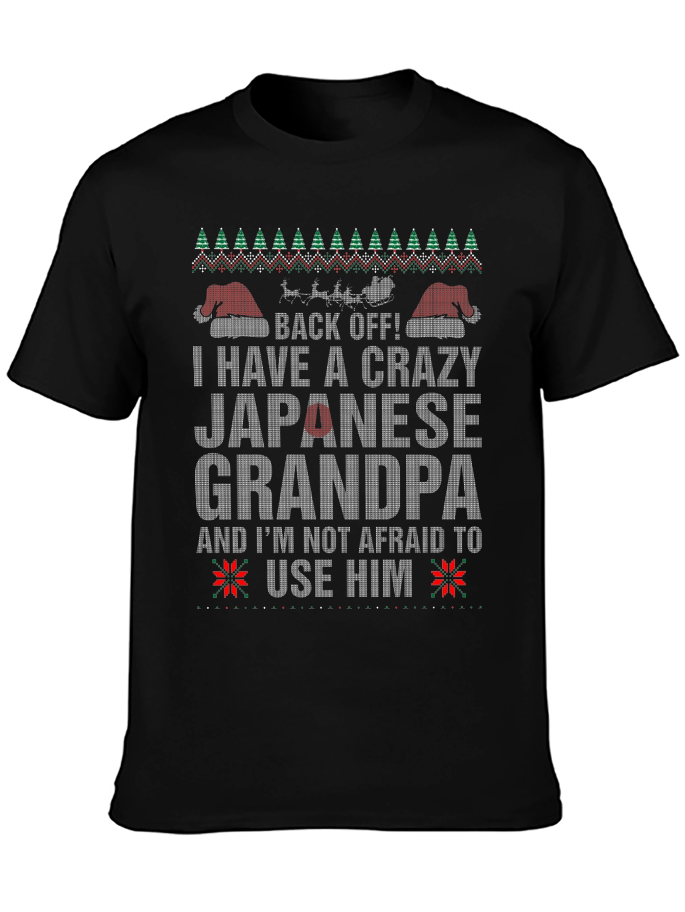 Black Crazy Japanese Grandpa Christmas T-Shirt view 3