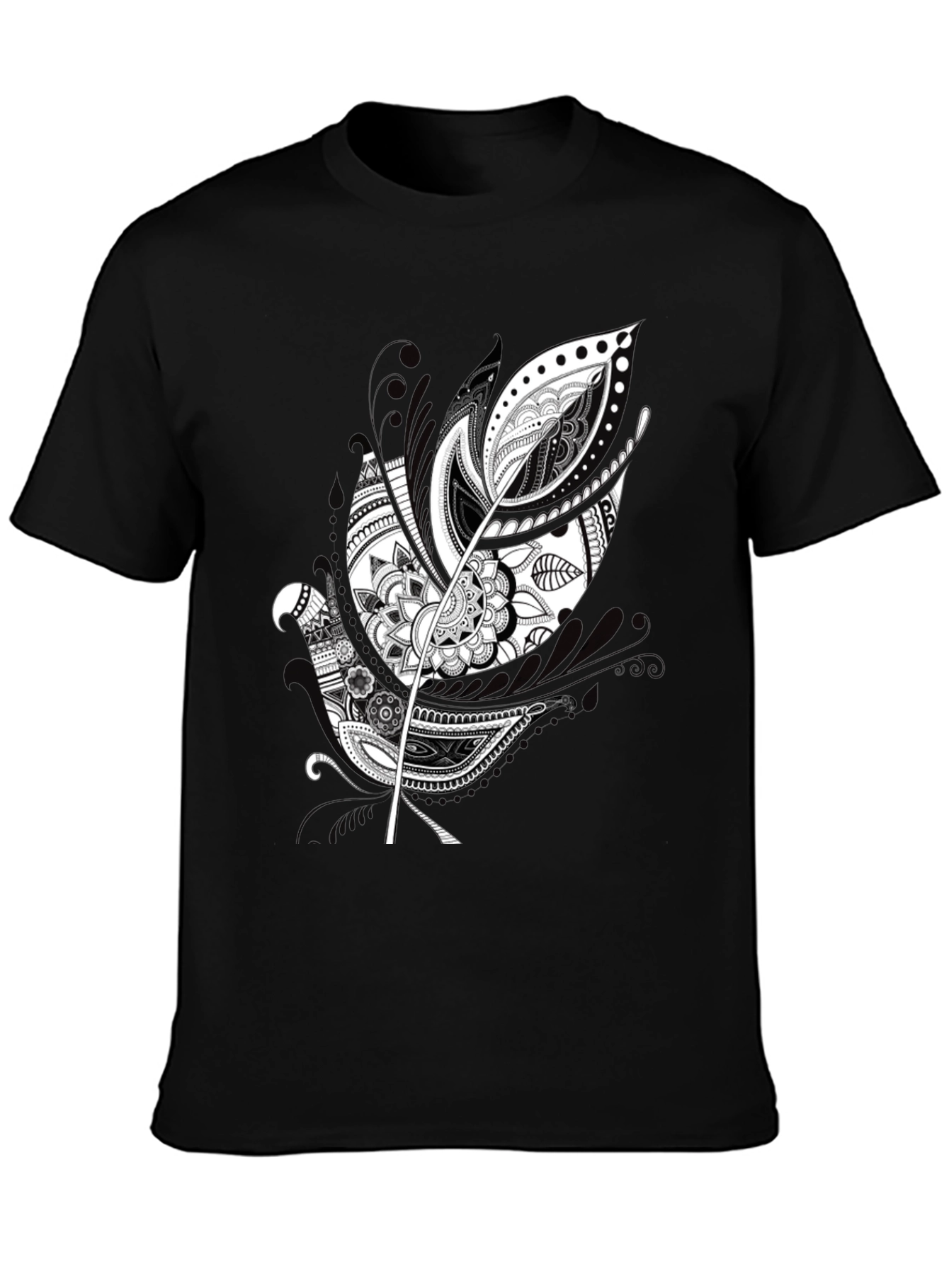 Black Black Graphic Tee - Feather Mandala Design view 3