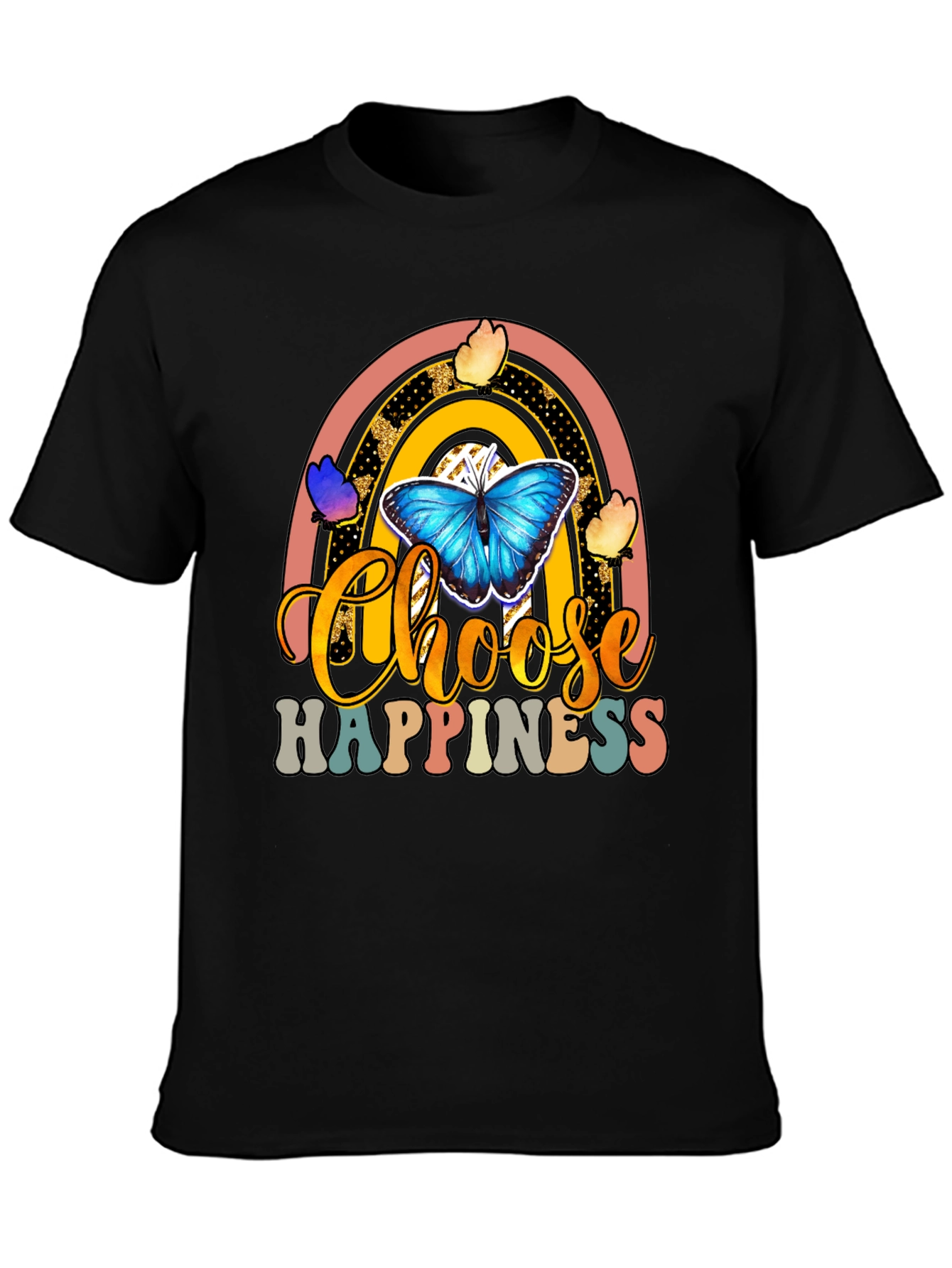 Black Choose Happiness T-Shirt - Butterfly Rainbow Design view 3