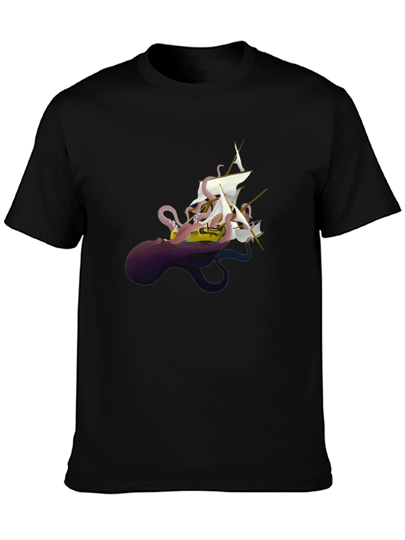 Black Octopus Ship Black T-Shirt - Unique Kraken Graphic Tee view 3