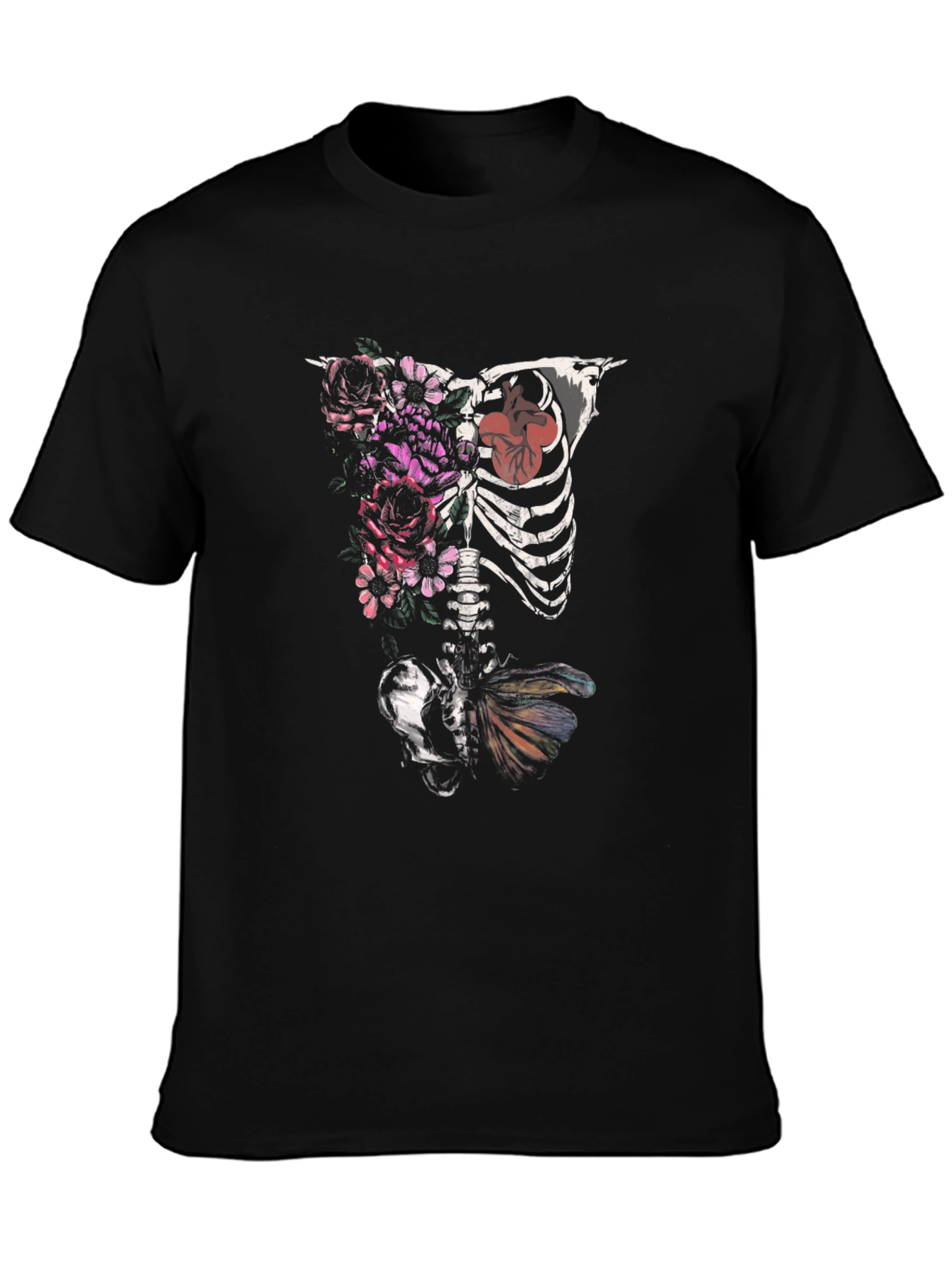 Black Floral Skeleton Graphic T-Shirt - Unique Design Tee view 3