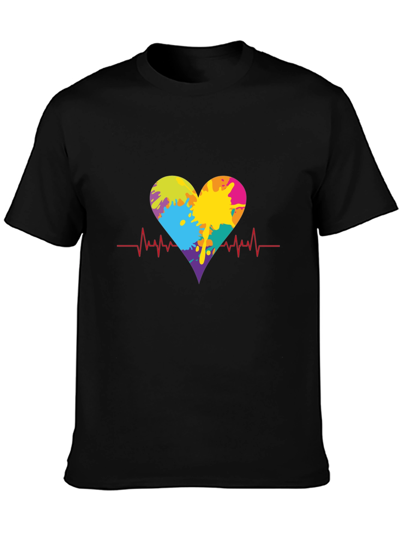 Black Heartbeat Paint Splatter Graphic Tee - Black view 3