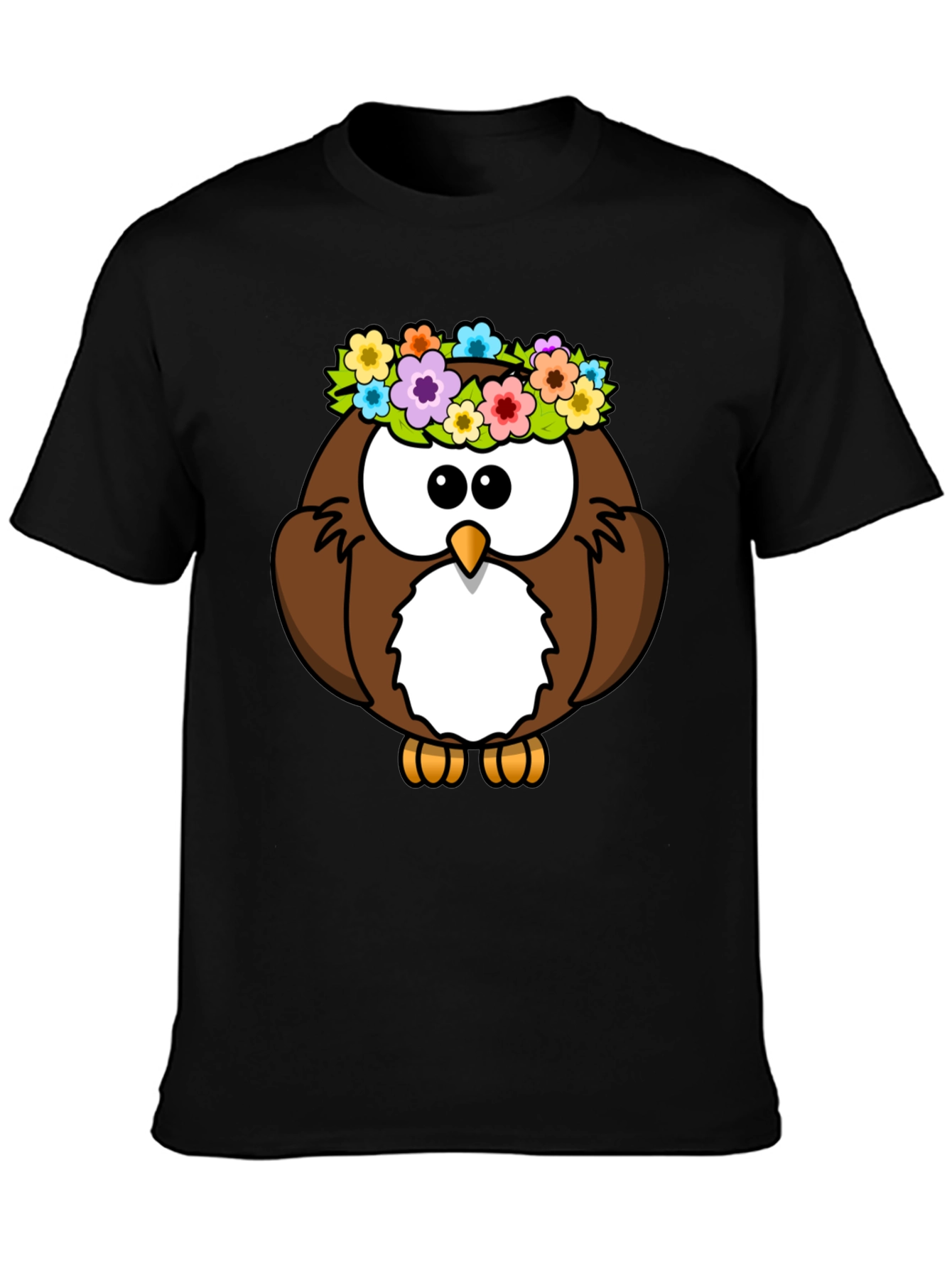 Black Cute Owl with Flowers Graphic Tee - Black Unisex T-Shirt view 3
