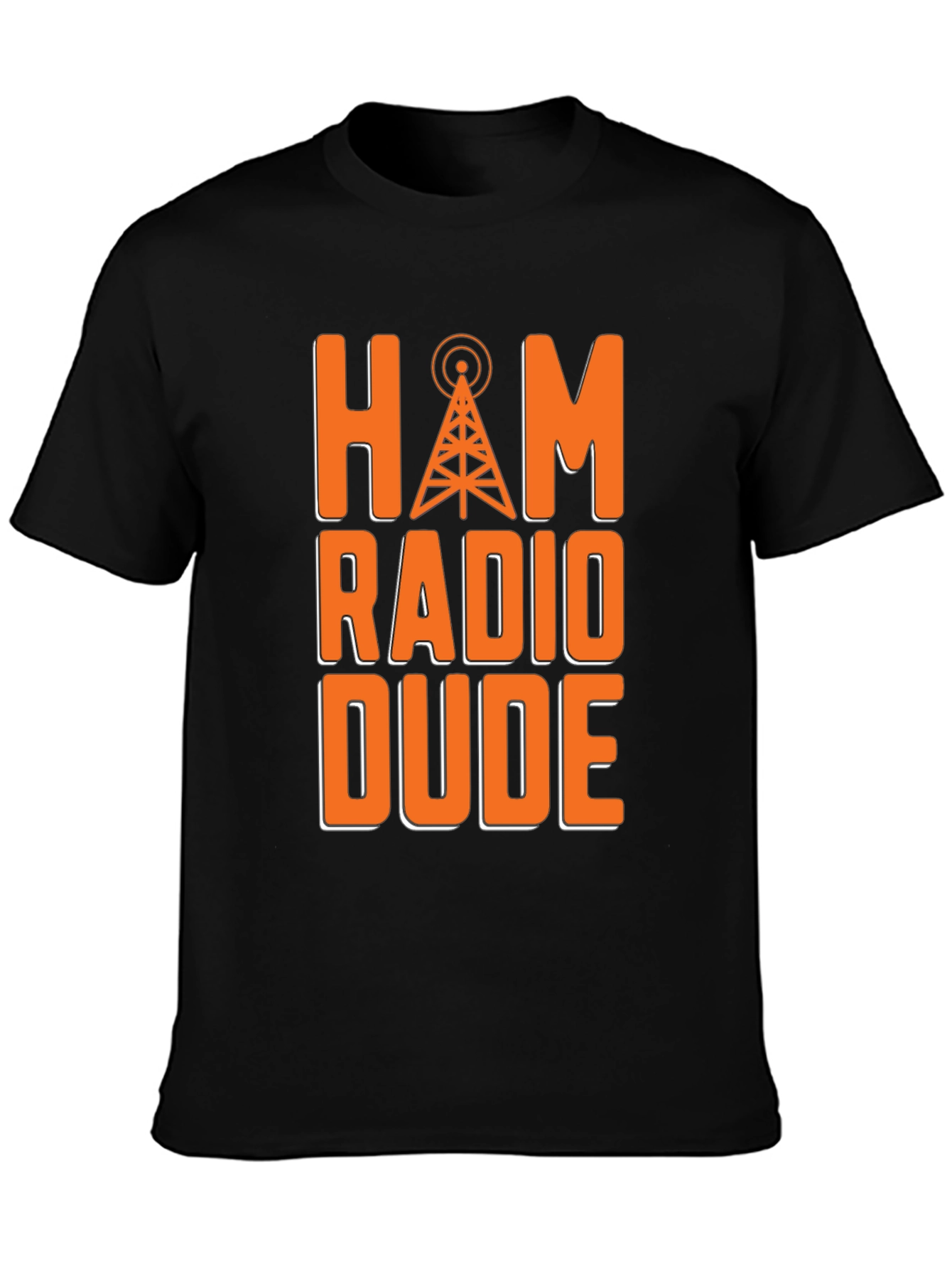 Black Ham Radio Dude T-Shirt - Orange Radio Tower Design view 3