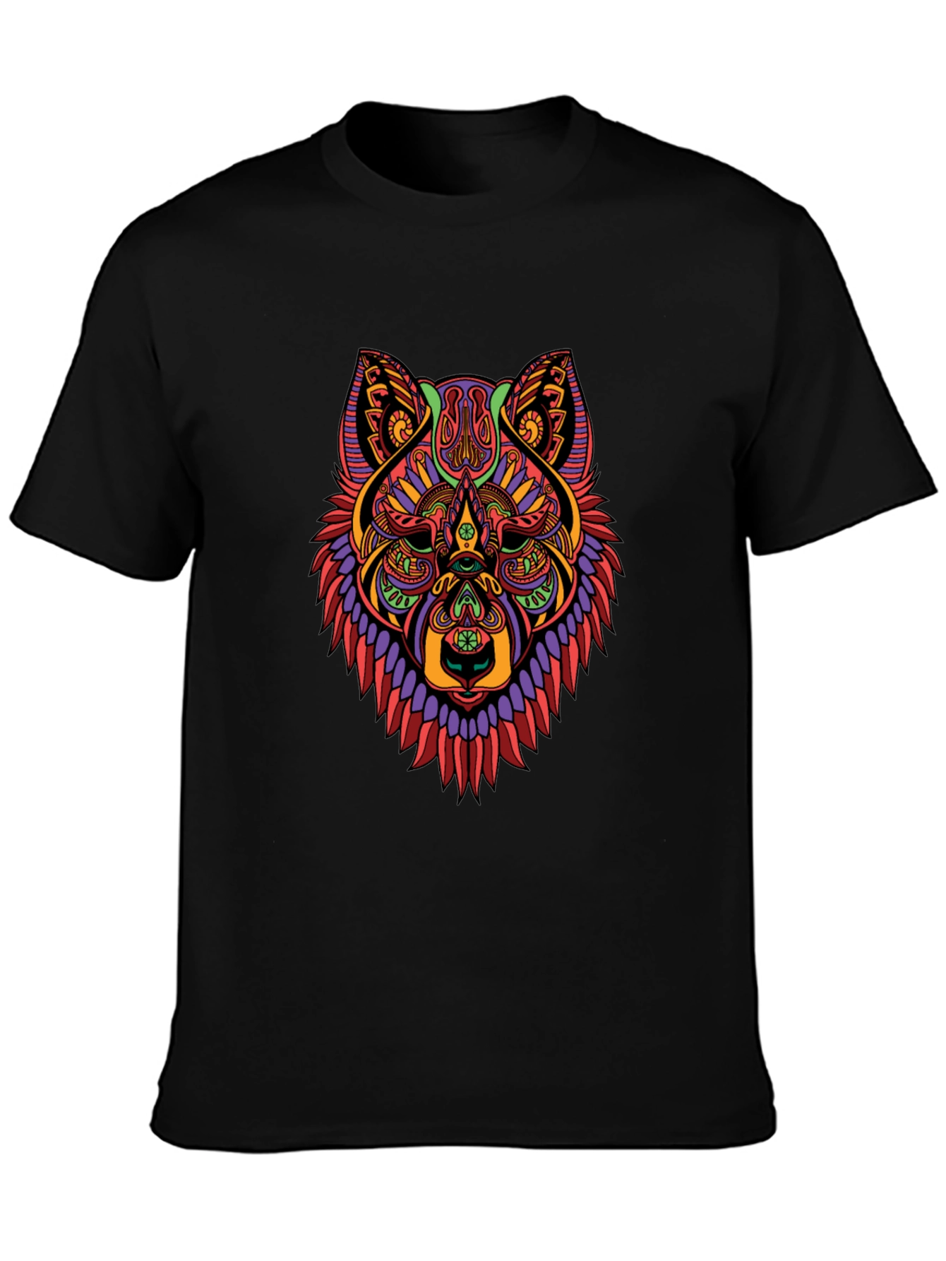 Black Abstract Wolf Head Graphic Black T-Shirt view 3