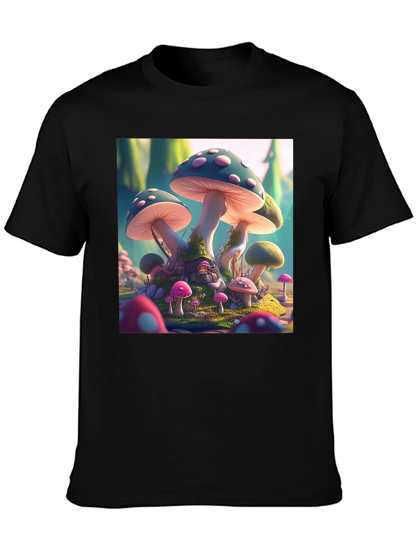 Black Magical Mushroom House T-Shirt view 3
