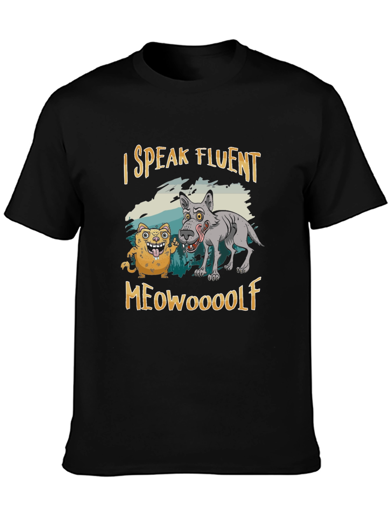 Black I Speak Fluent Meowooolf Funny Novelty T-Shirt view 3