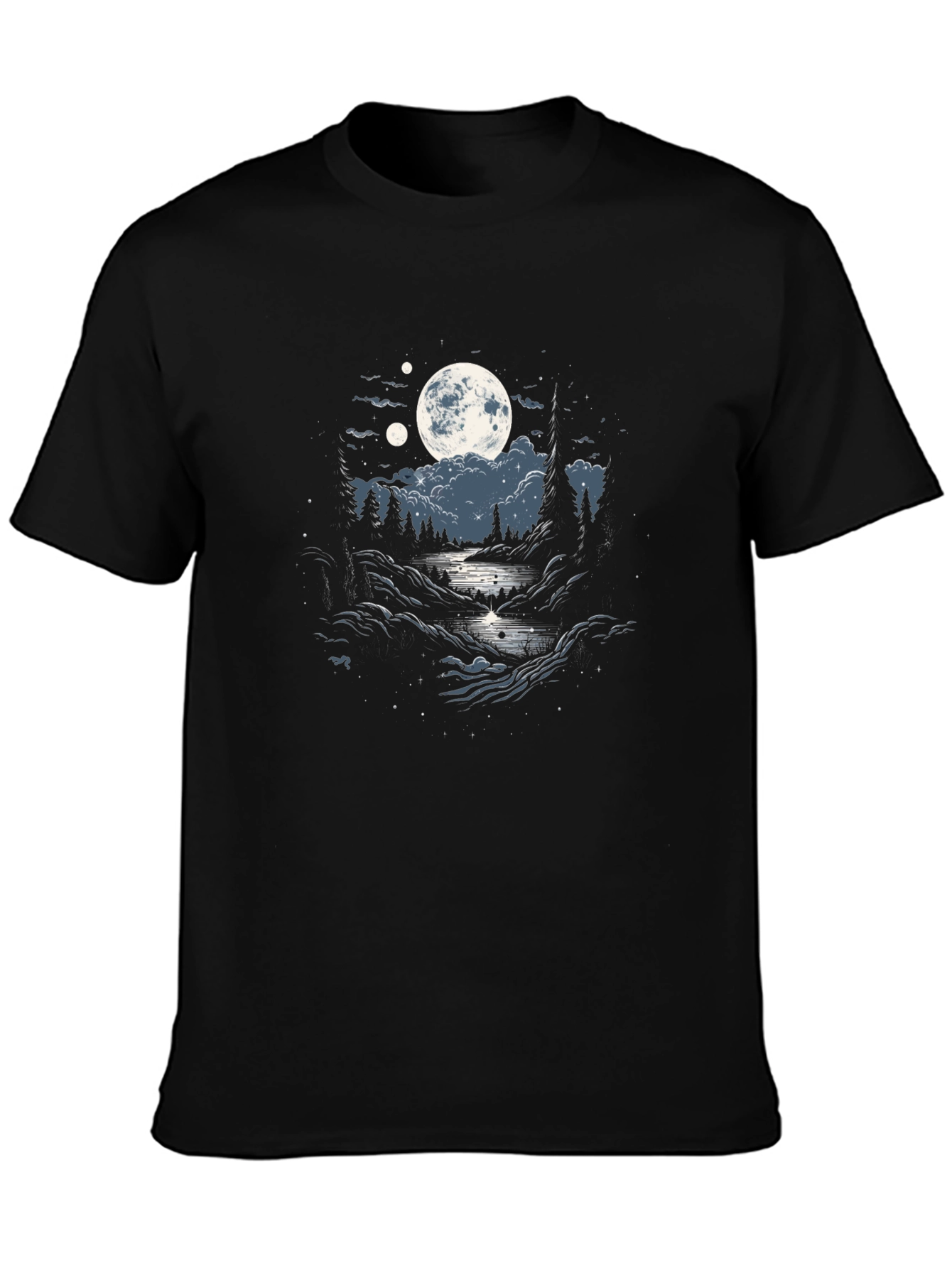 Black Moonlit River Graphic Tee - Nature Inspired T-Shirt view 3
