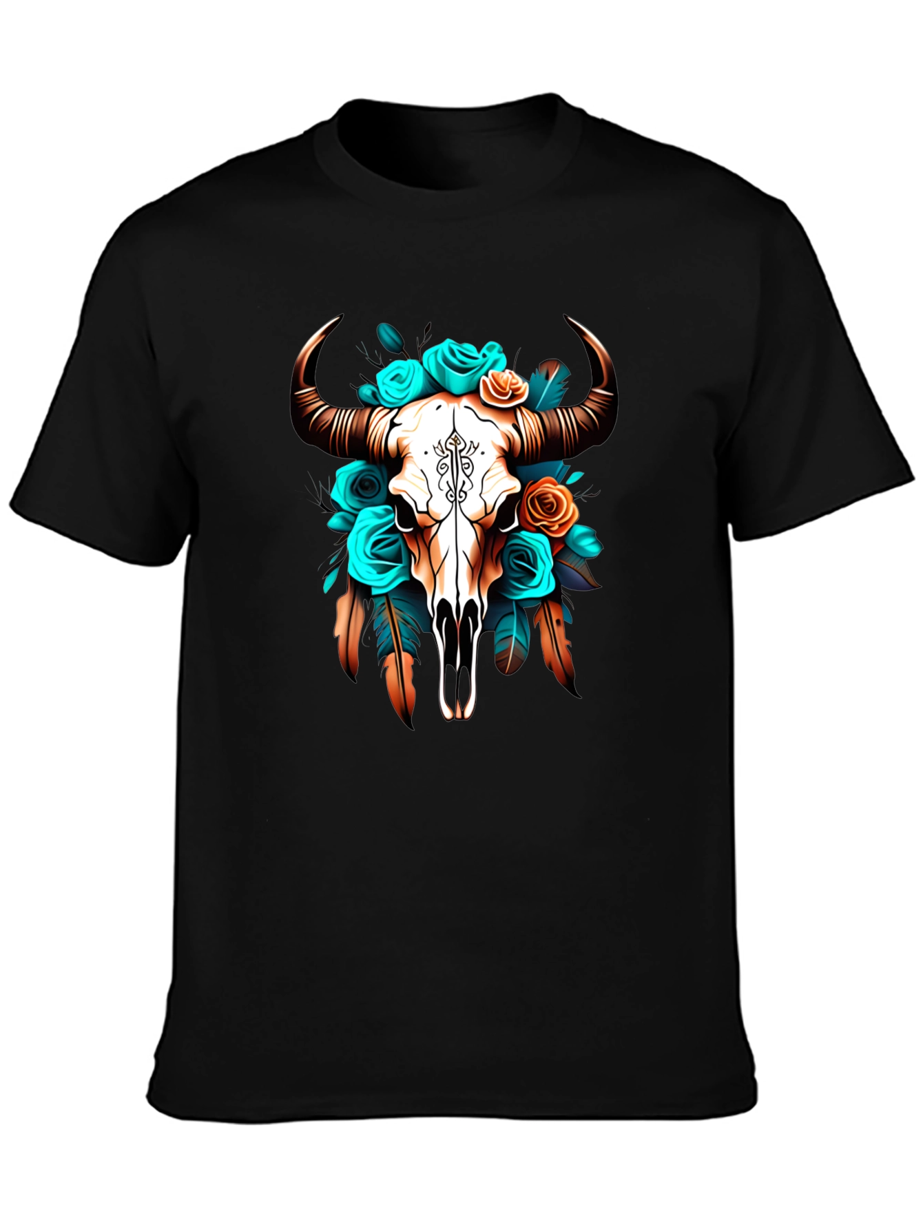 Black Floral Bull Skull Graphic Tee - Western Style view 3