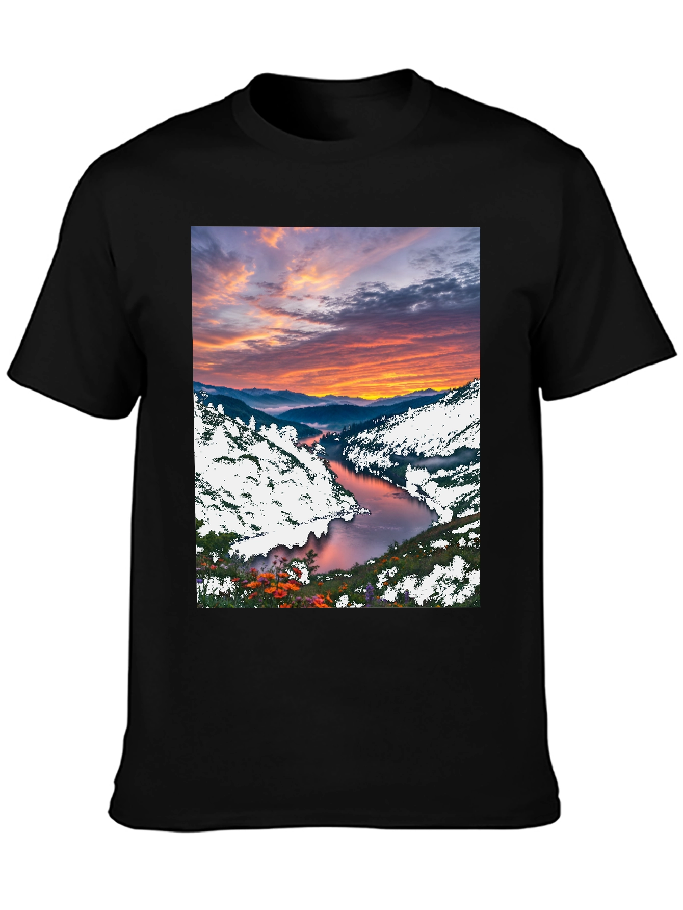 Black Scenic River Sunset T-Shirt view 3