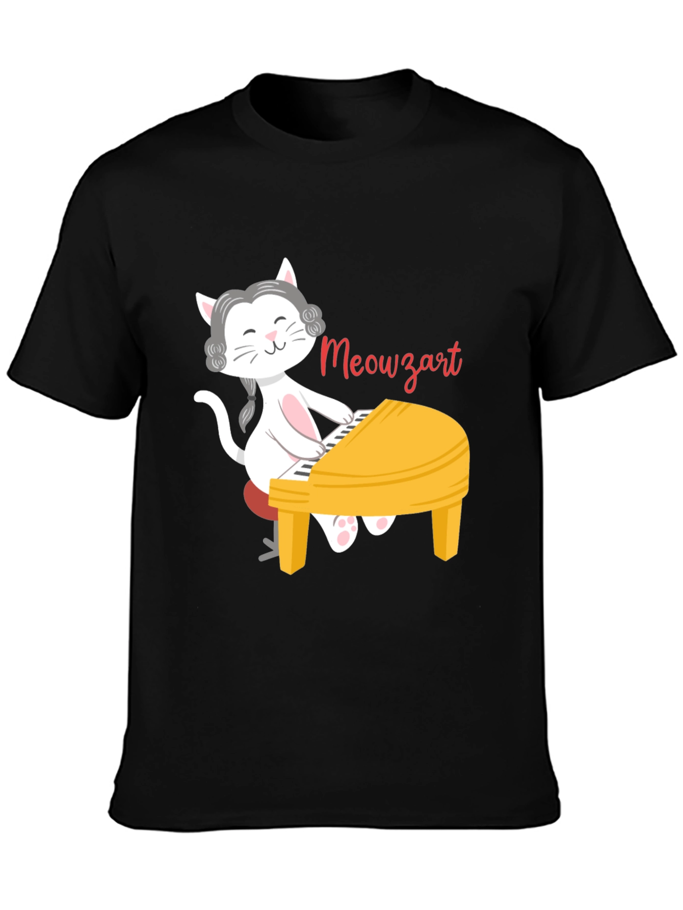Black Meowzart Cat Playing Piano T-Shirt view 3