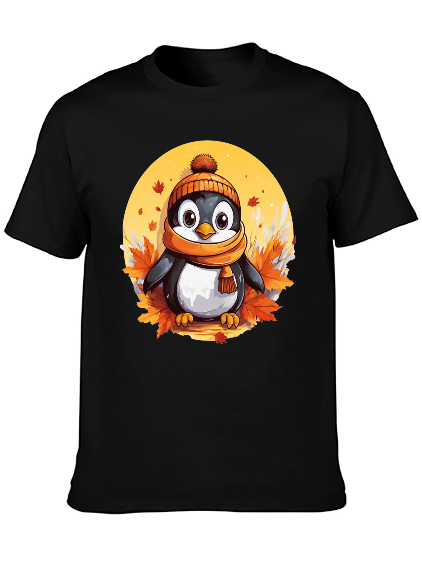 Black Cute Autumn Penguin Graphic Tee view 3