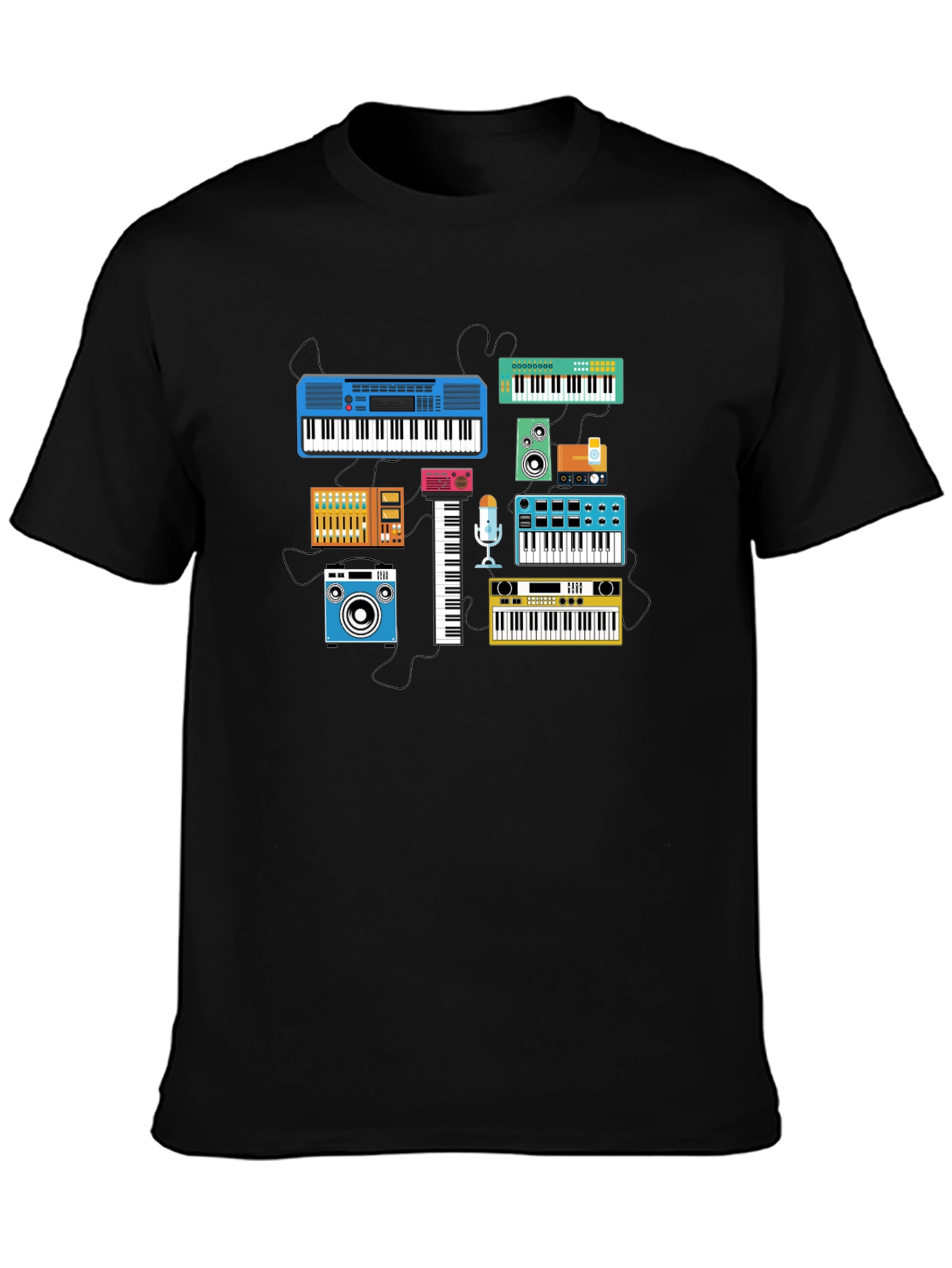 Black Retro Synth Music T-Shirt - Black Cotton Tee view 3