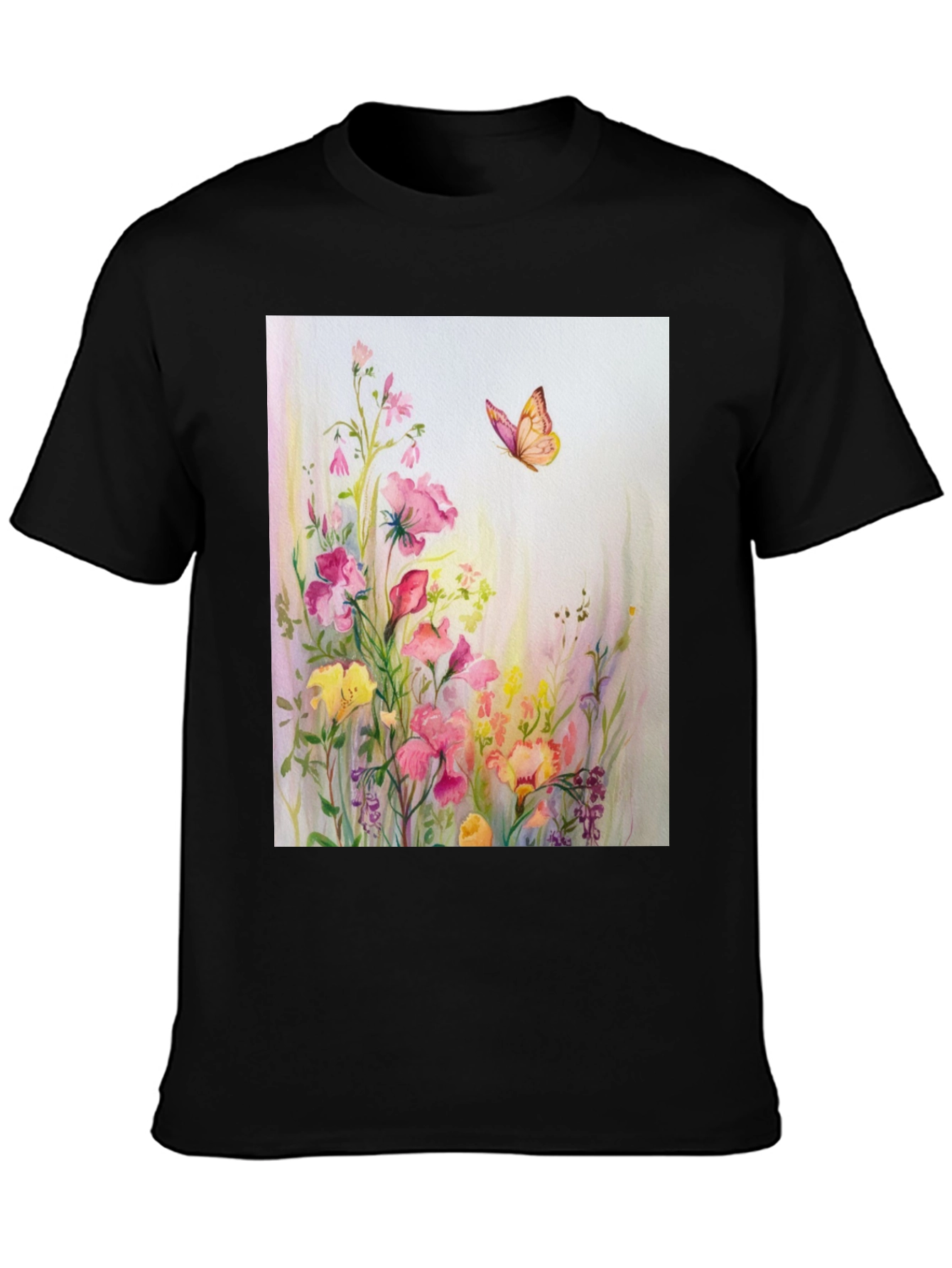 Black Floral Butterfly Print Black T-Shirt view 3
