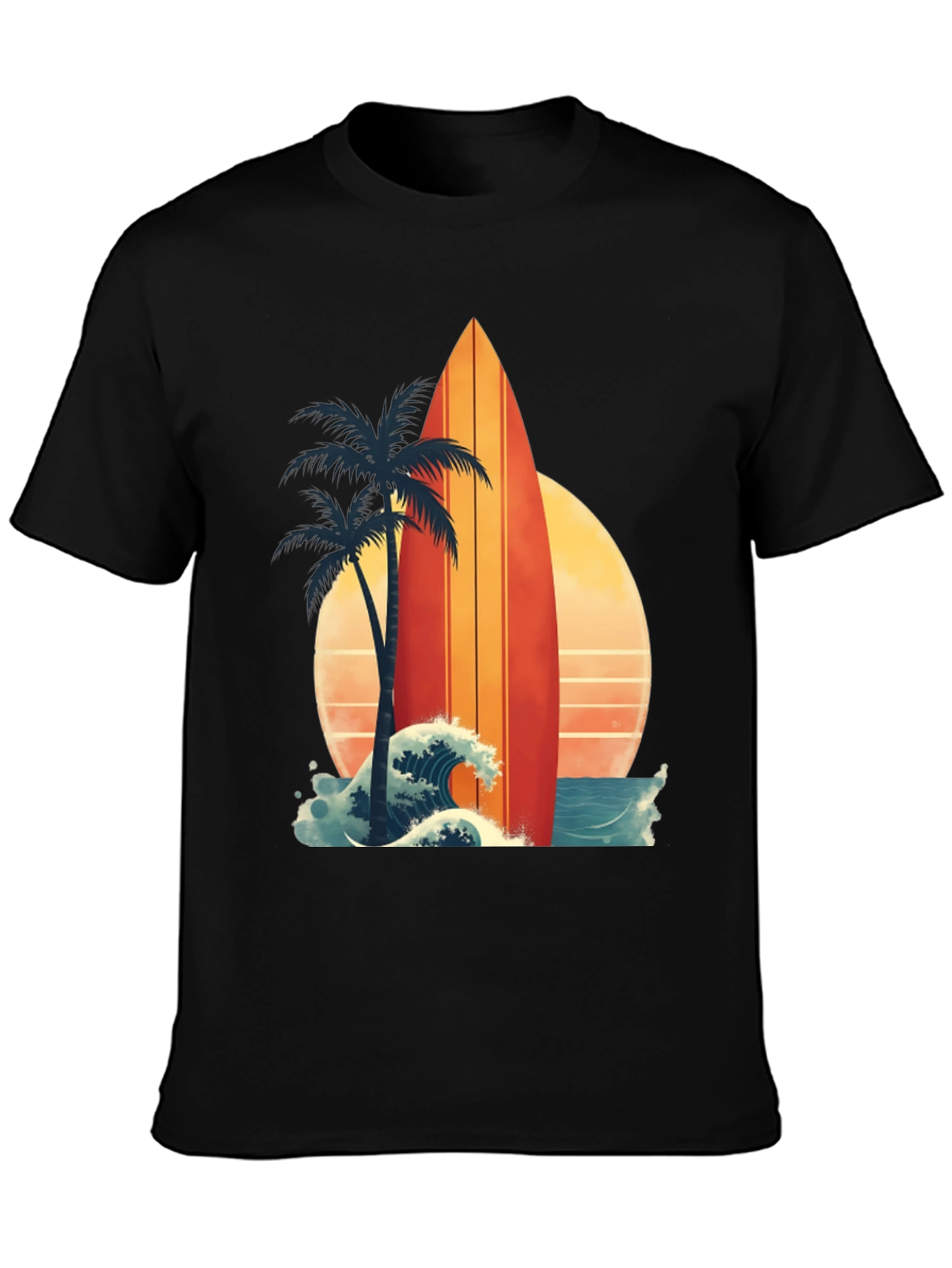 Black Retro Surfboard Palm Tee - Beach Vibes view 3