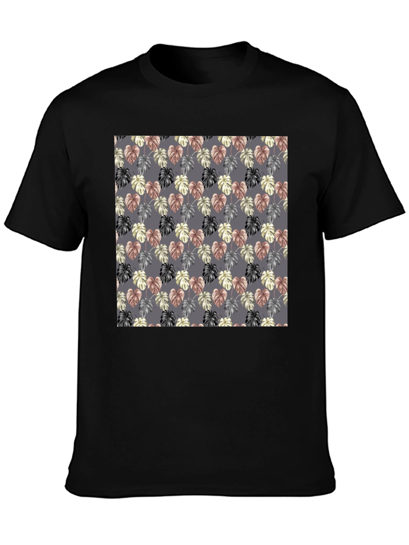 Black Monstera Leaf Pattern Black T-Shirt view 3