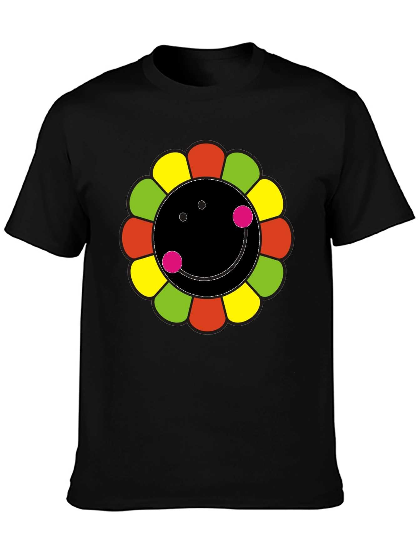 Black Funky Flower Smiley Black T-Shirt view 3