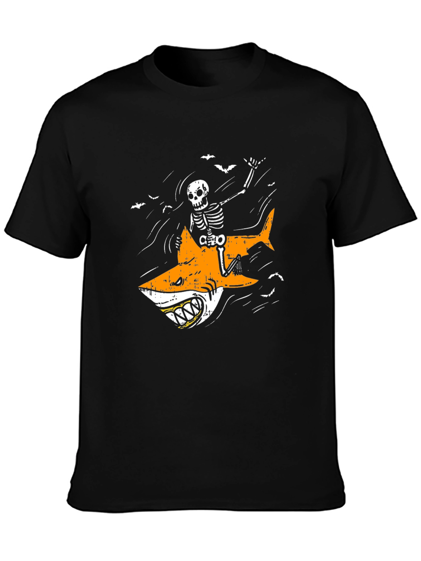 Black Skeleton Riding Shark Graphic Tee - Halloween Shirt view 3
