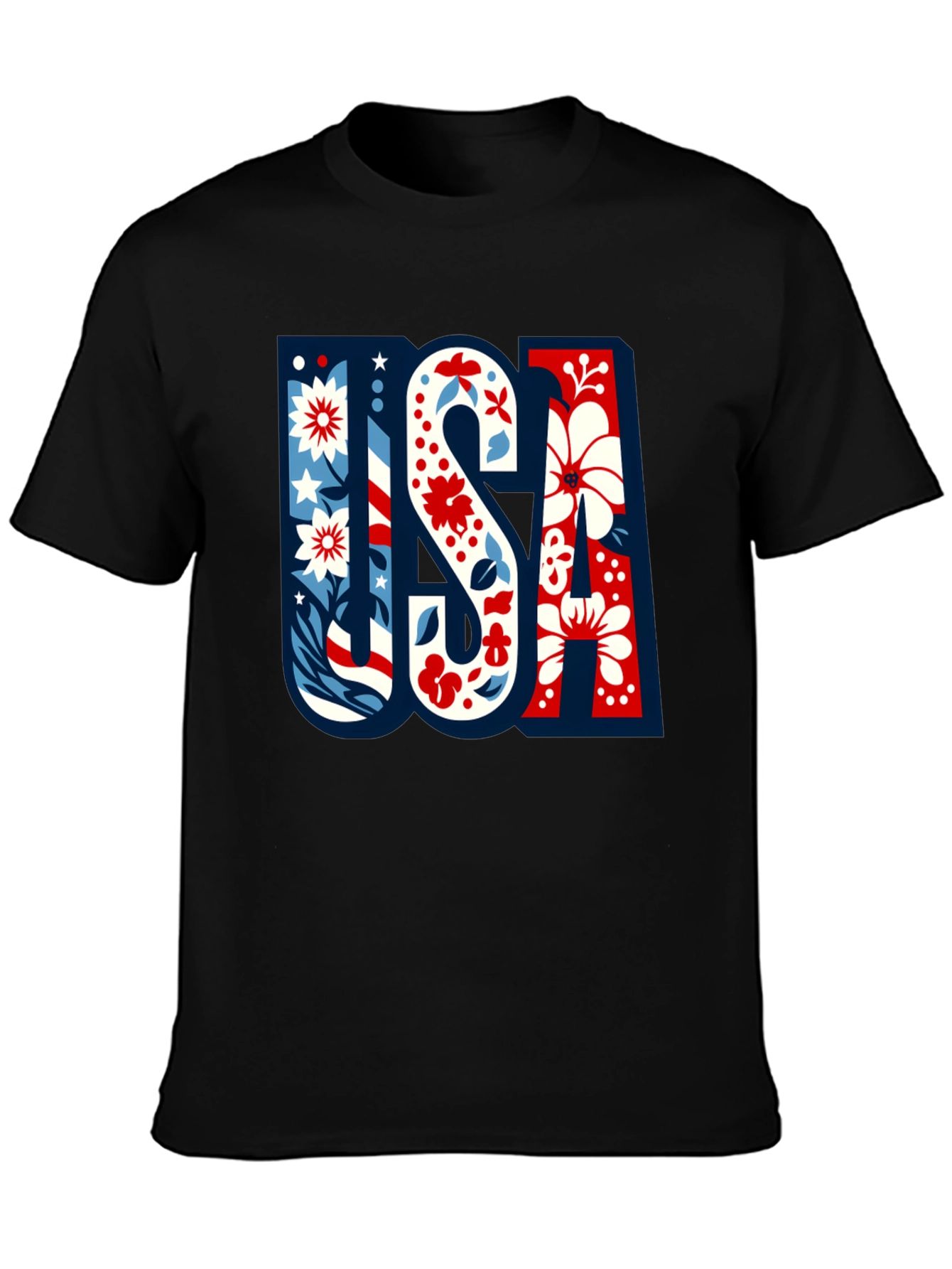 USA Floral Print Men's Black T-Shirt - 3