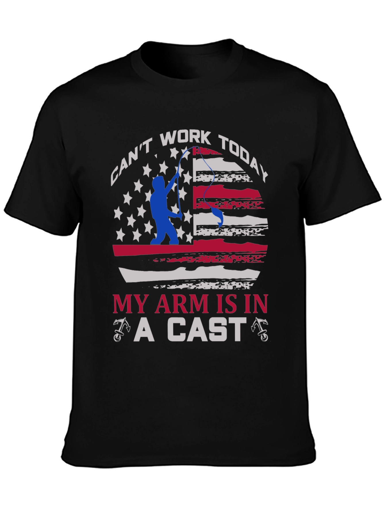 Black Funny Fishing T-Shirt - Can't Work Today - Arm in a Cast view 3