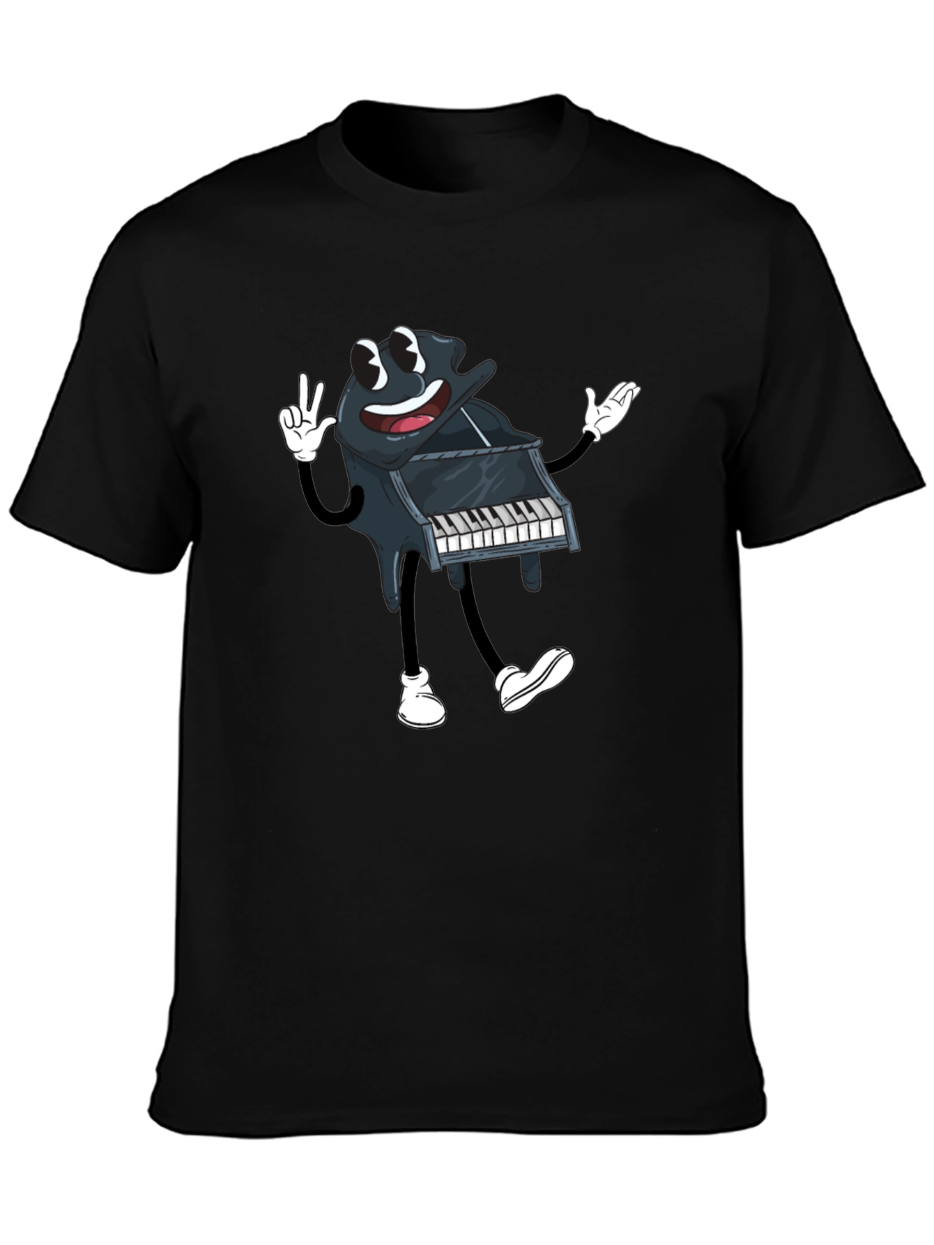 Black Cartoon Piano Graphic Tee - Black Cotton T-Shirt view 3