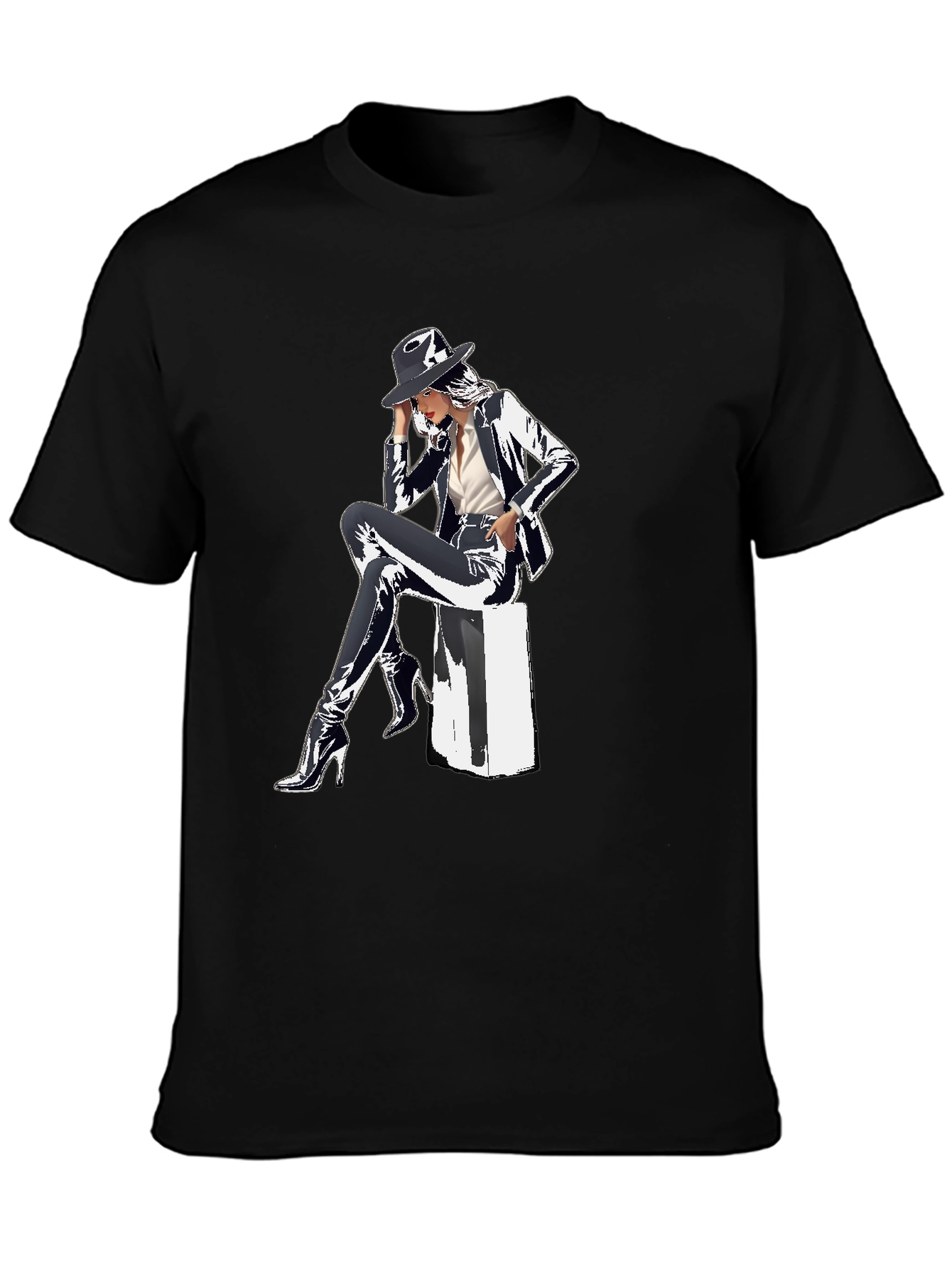 Black Sleek Graphic Tee - Woman in Shiny Suit view 3