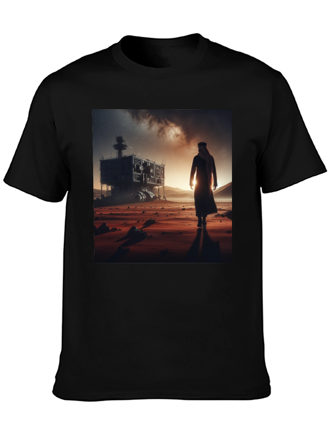 Black Futuristic Desert Traveler Graphic Tee view 3