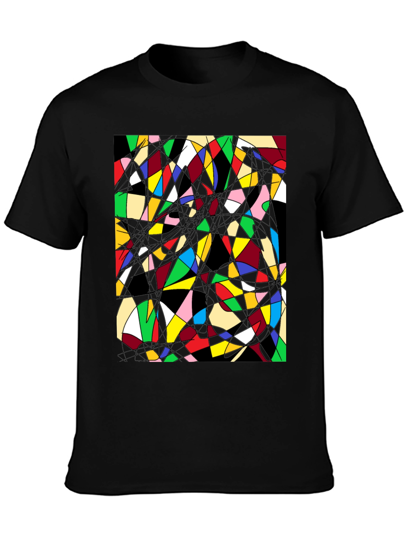 Black Abstract Geometric T-Shirt: Colorful Stained Glass Design view 3
