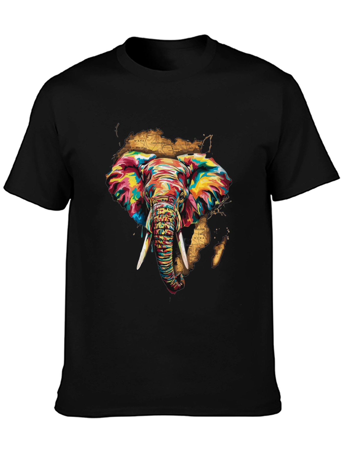 Black Vibrant Elephant Print Men's Black T-Shirt view 3
