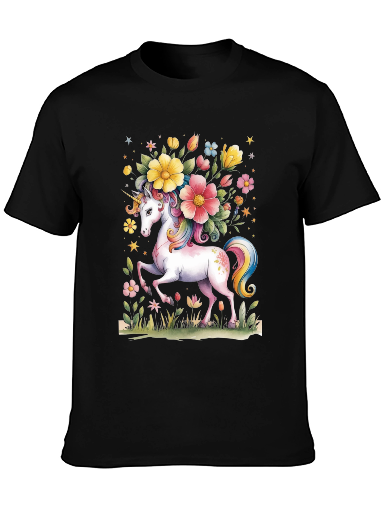 Black Unicorn Floral Graphic Tee - Black Cotton T-Shirt view 3