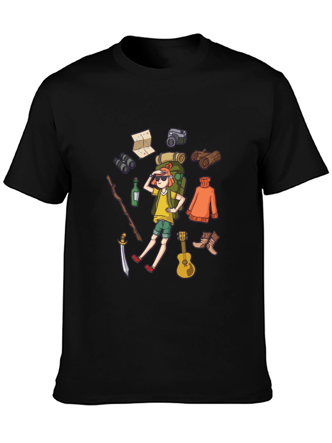 Black Cartoon Hiker Black T-Shirt view 3