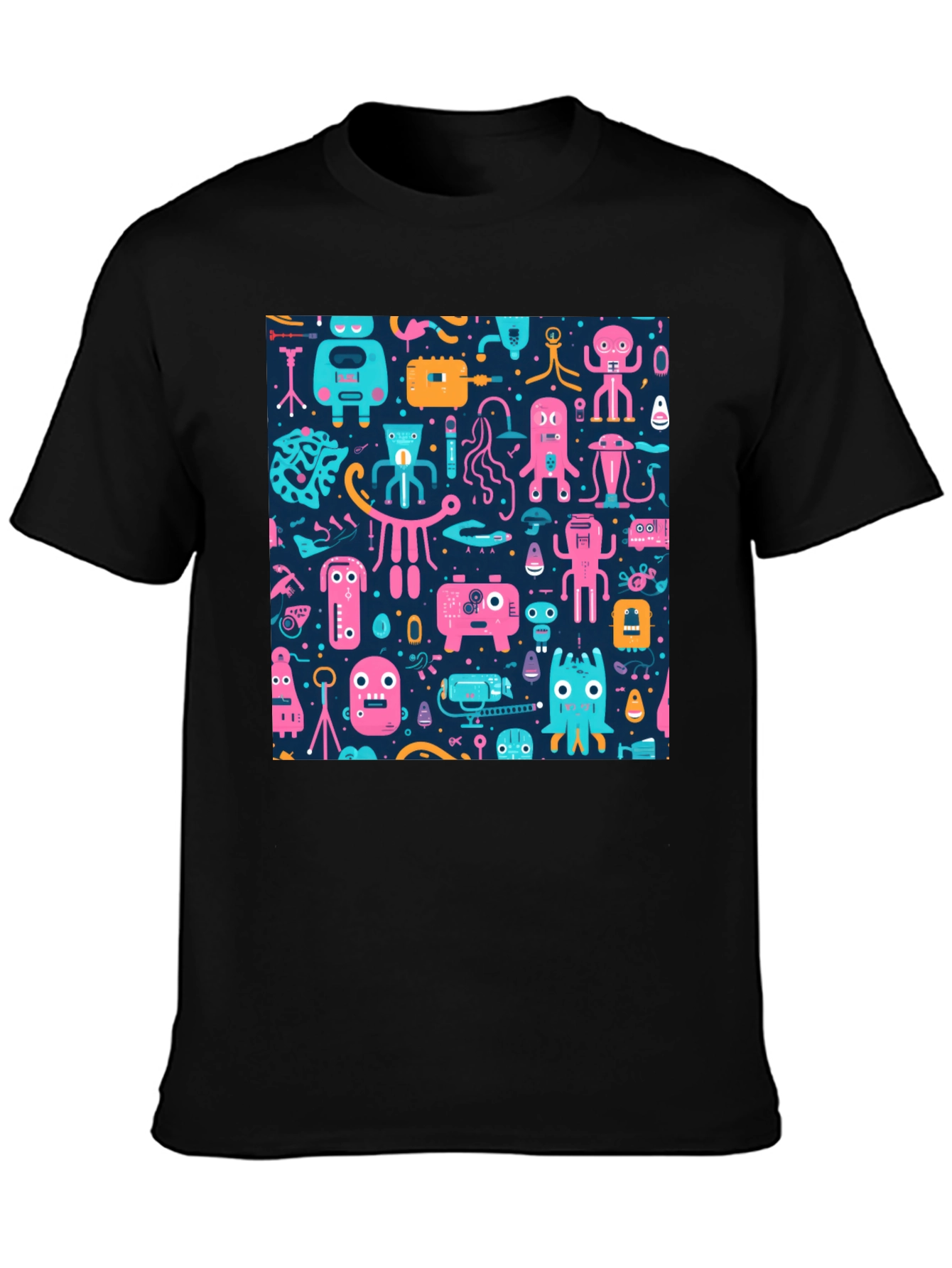 Black Funky Retro Robot Pattern T-Shirt view 3