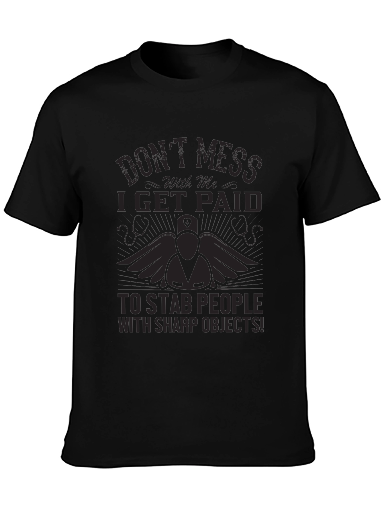 Black Nurse Stab People Funny Black T-Shirt view 3