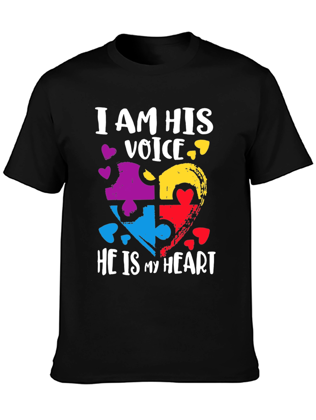 Black Autism Awareness Heart Puzzle T-Shirt view 3