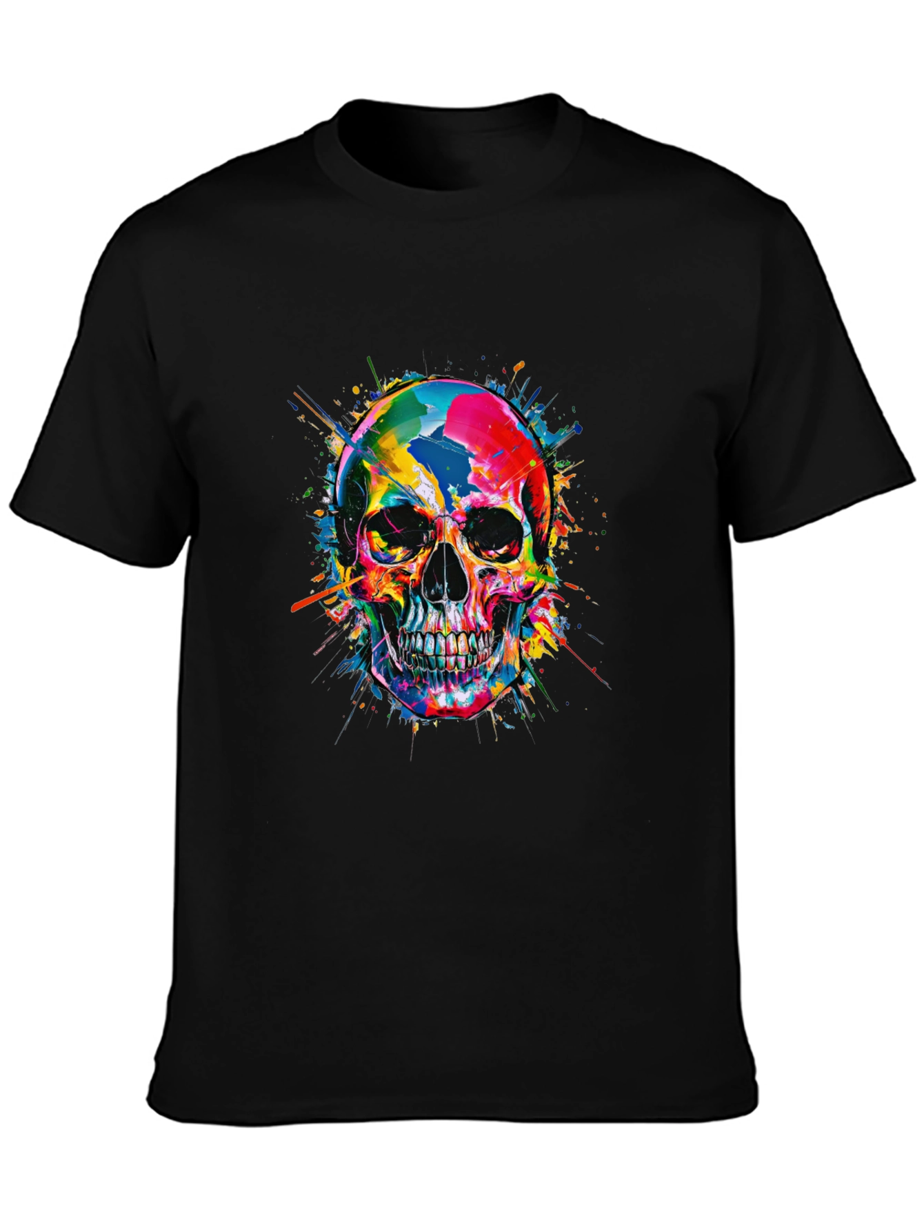 Black Colorful Skull Graphic Print Black T-Shirt view 3