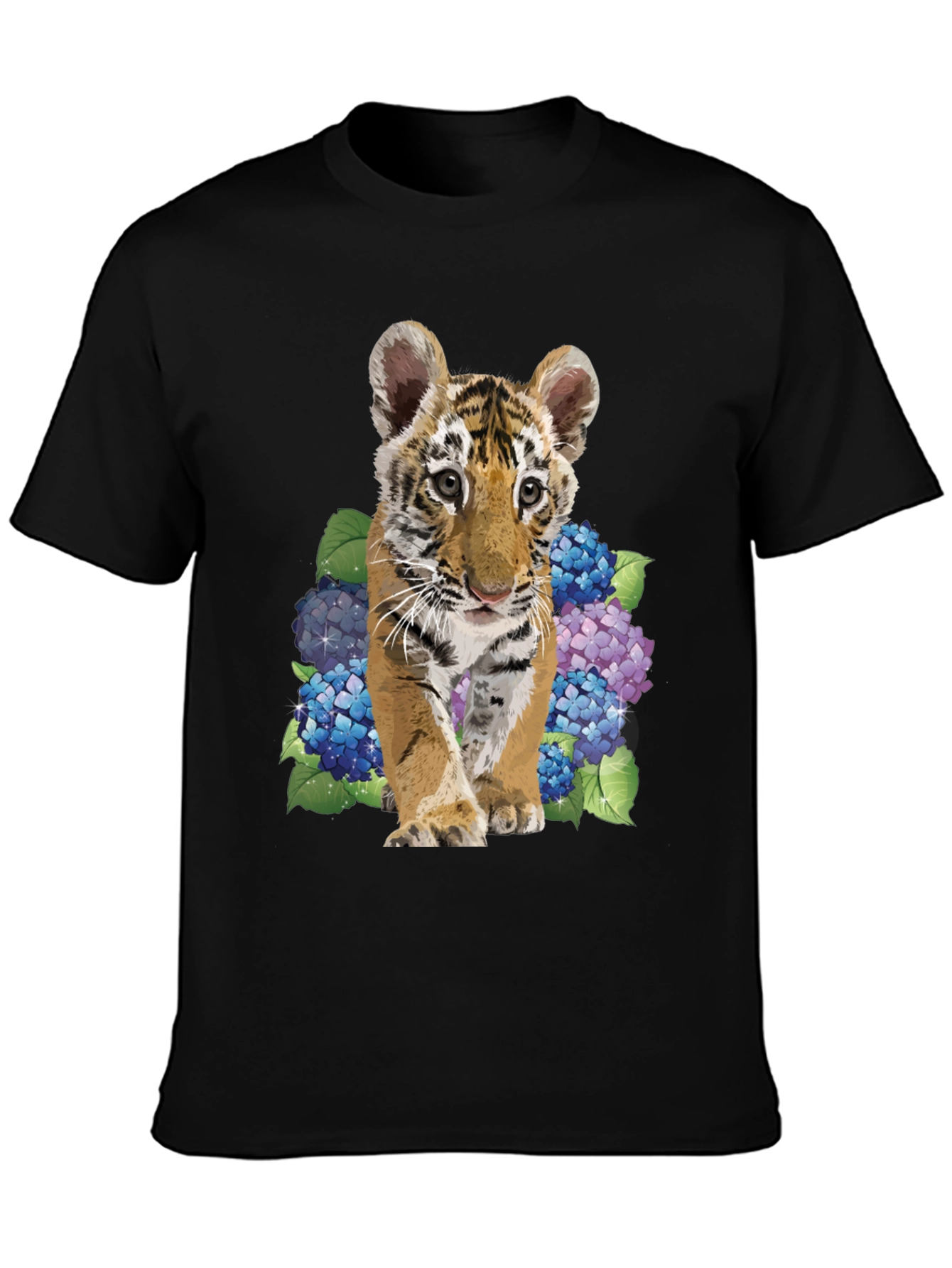 Black Tiger Cub & Hydrangea Graphic Tee - Soft Black Cotton Blend view 3