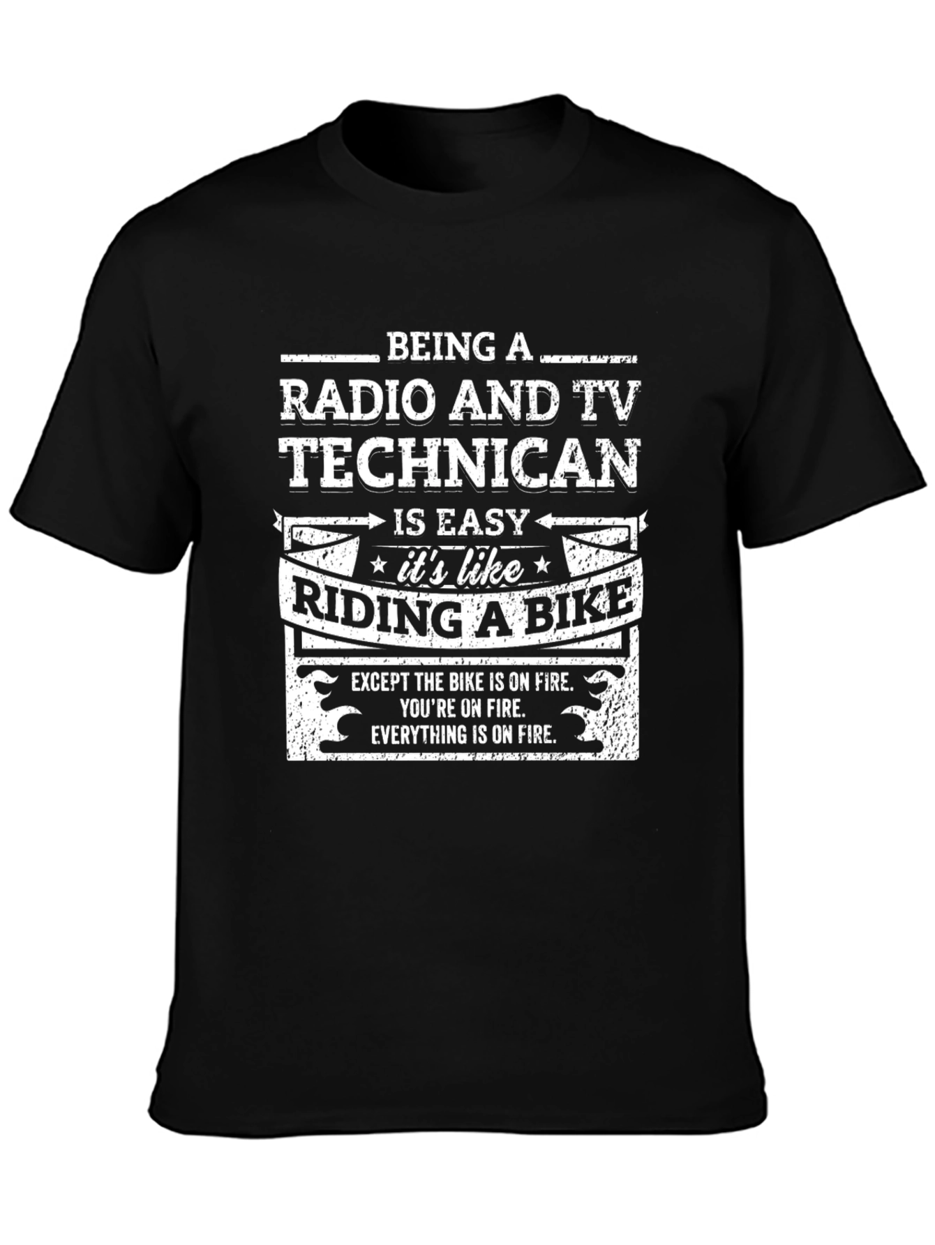 Black Radio & TV Technician Humor T-Shirt: Riding a Bike on Fire view 3