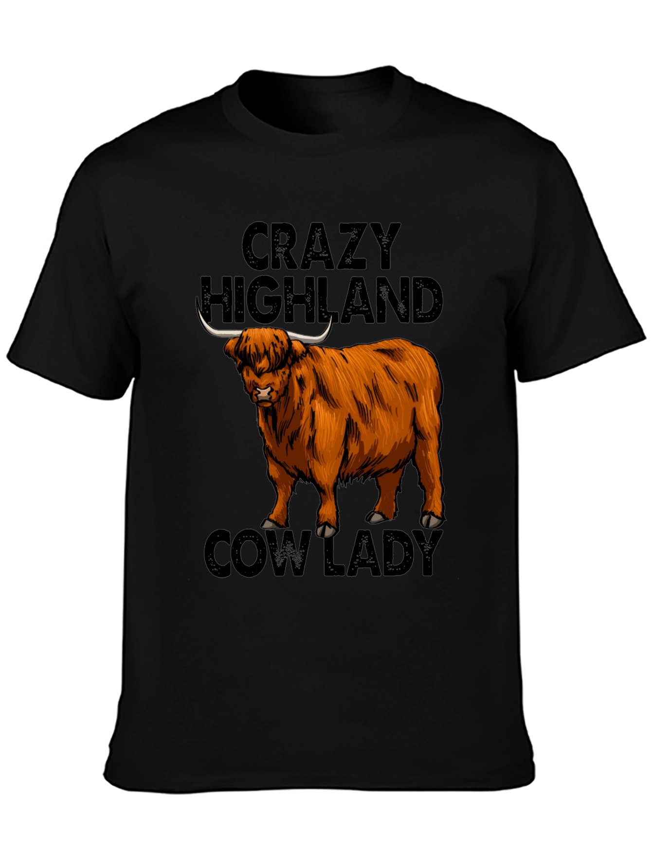 Black Crazy Highland Cow Lady T-Shirt view 3